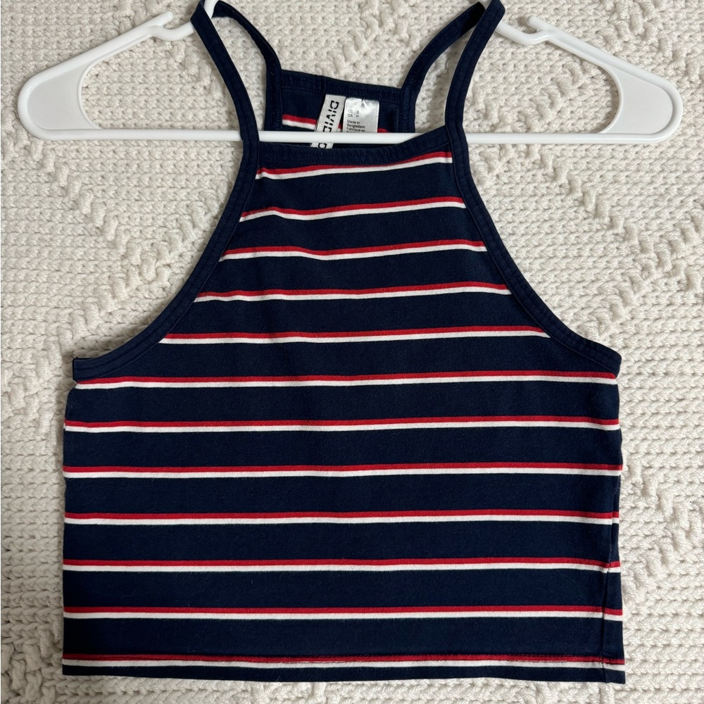 H&M divided tank top; cropped and fitted; small; navy bluee, red, white